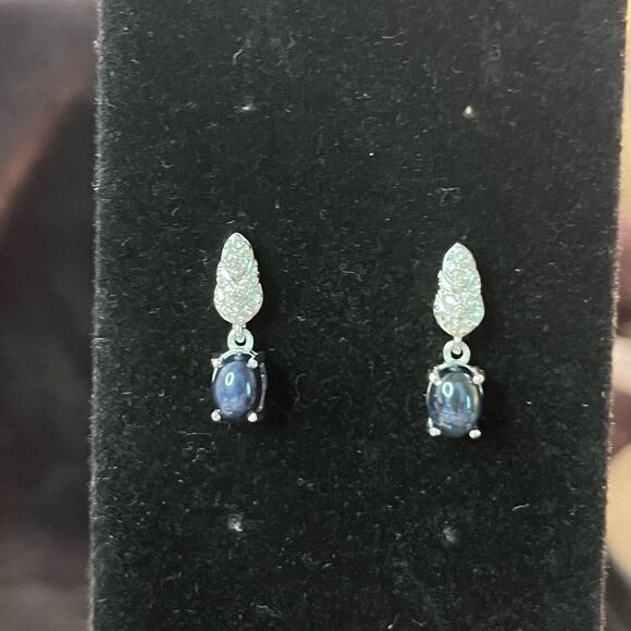 Blue Star Sapphire & Natural White Zircon Dangle Earrings Platinum / Sterling - Picture 8 of 9